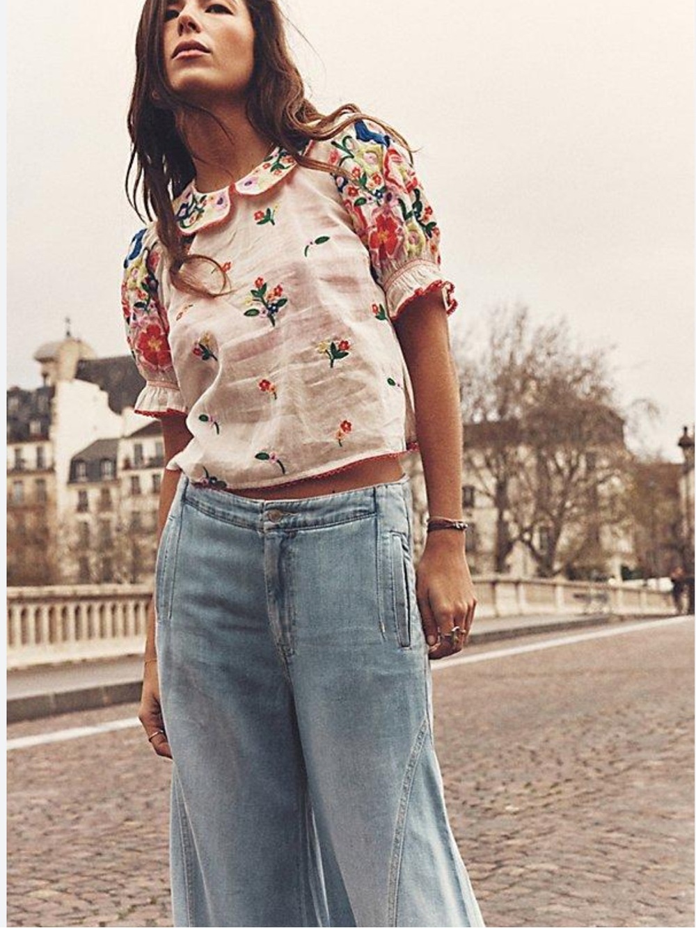 Free People Flowers Of Love Embroidered Colorful buttoned back Top S